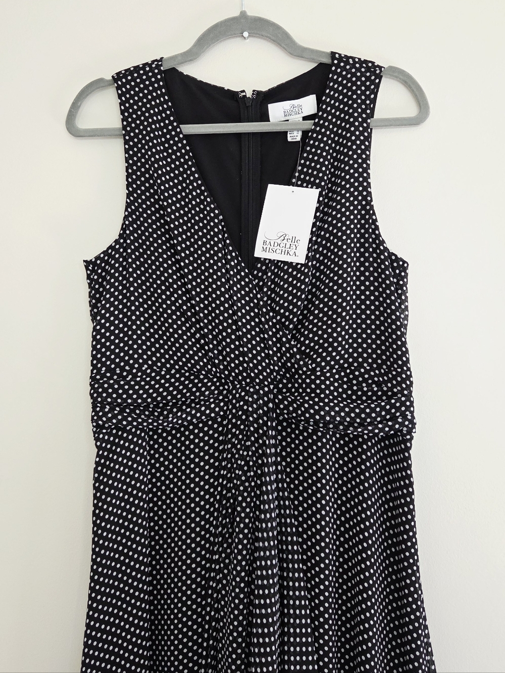 Belle BADGLEY MISCHKA Black White Polka Dot Chiffon Drape Waist Gown Dress 12 - Picture 2 of 4